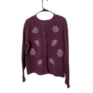 Fashion Bug Womens XL Cardigan Burgundy Fleece Button Down Embroidered Leaves